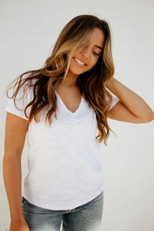 V-Neck Back Seam Tee in White