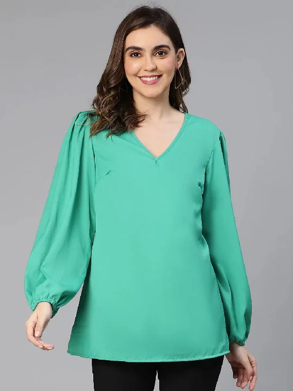 Women Soild Green V-Neck Polyester Long Sleeve Top-S23262WBL001