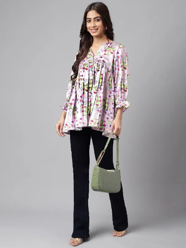 Lavender Satin V-Neck Top with Multicolor Prints