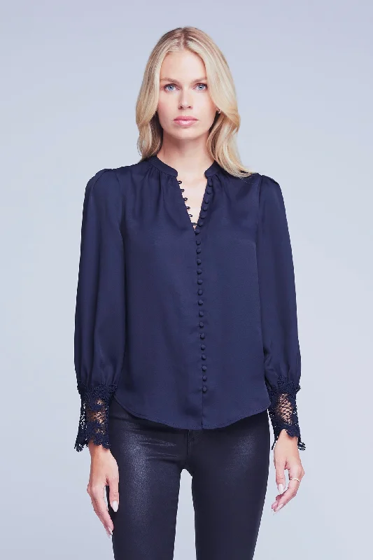 L'Agence Ava Lace Cuff Blouse V Neck Midnight