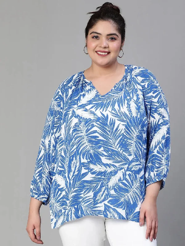 Women Plus Size Tropical Print V-Neck Button Tab  Sleeve Blue Top-S23437PBL001