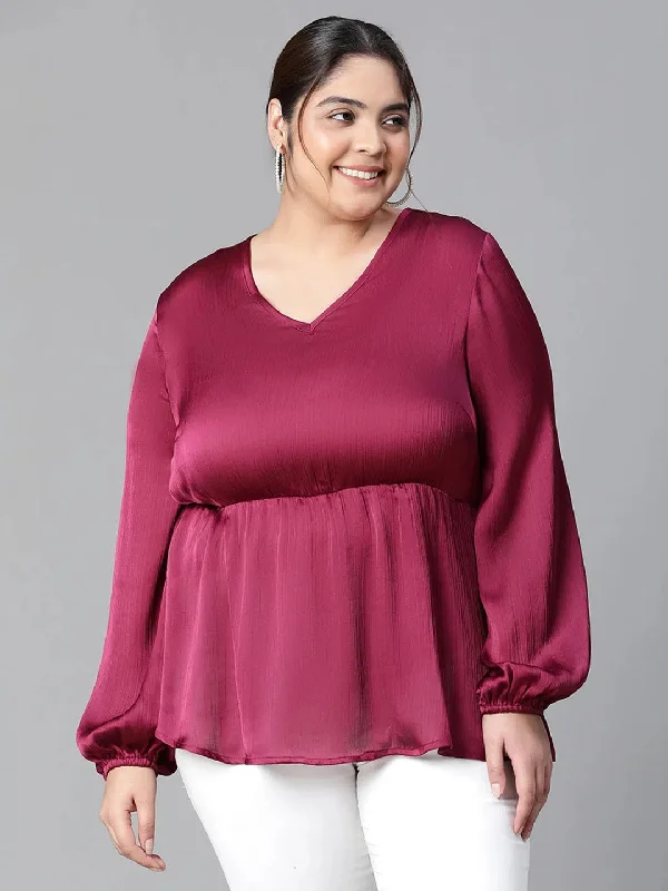 Women Plus Size Wine Long Sleeve V-Neck Elasticated Peplum Satin Top-W23134PBL004