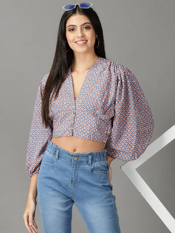 Women V-Neck Printed Navy Blue Cinched Waist Top-AE-10575-Navyblue