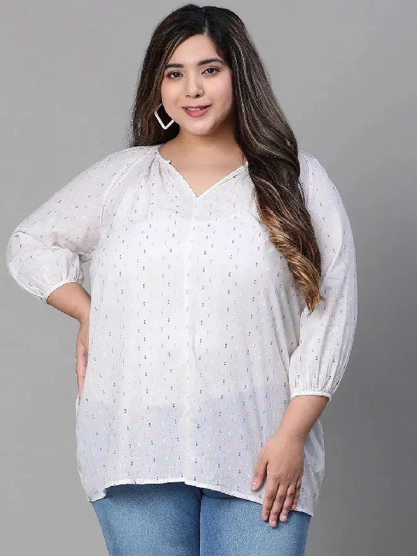 Women Plus Size White Embroidered  V-Neck Long Sleeve Top-W23305PBL003