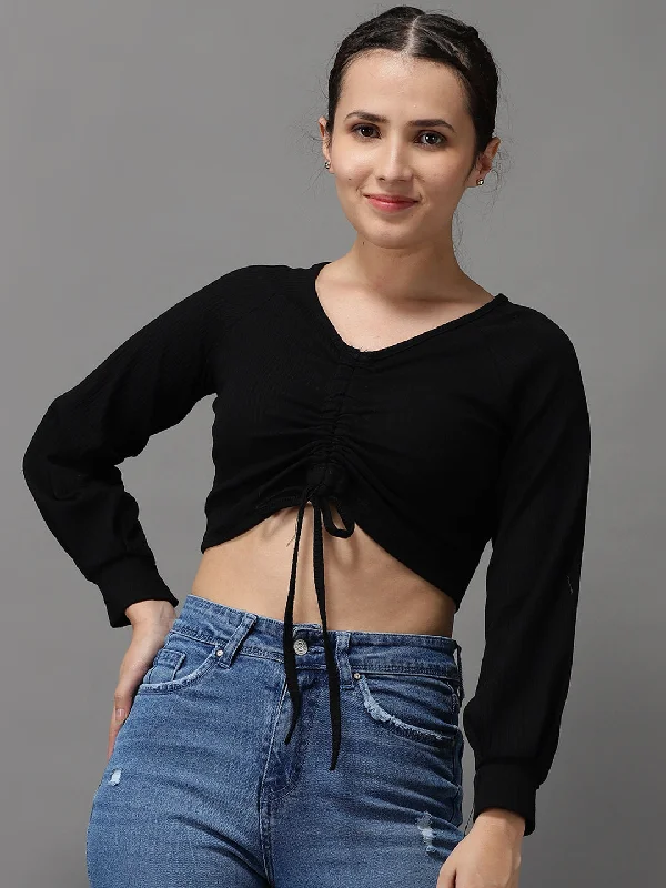 Women V-Neck Solid Black Fitted Top-PC-597-Black