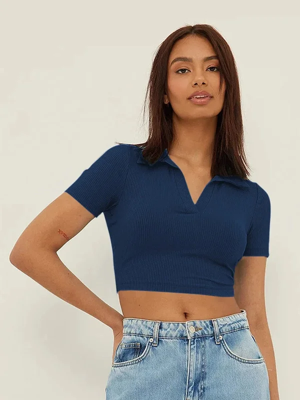 Aahwan Blue Cotton Blend V-Neck Top-182-DarkBlue-M