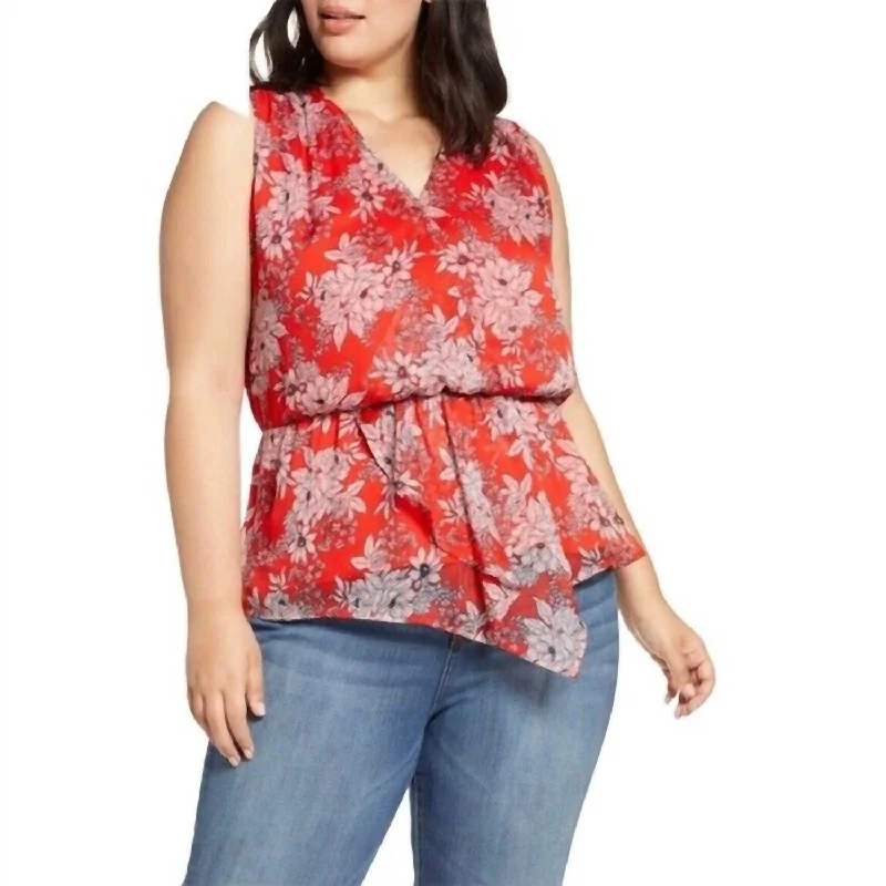 Floral Print V-Neck Asymmetrical Chiffon Blouse In Red