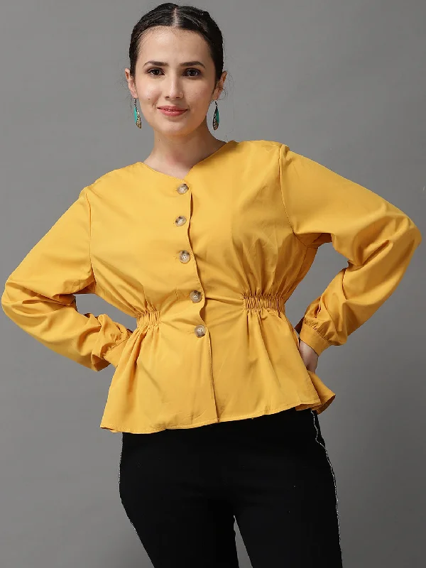 Women V-Neck Solid Mustard Cinched Waist Top-SH-6158-Mustard