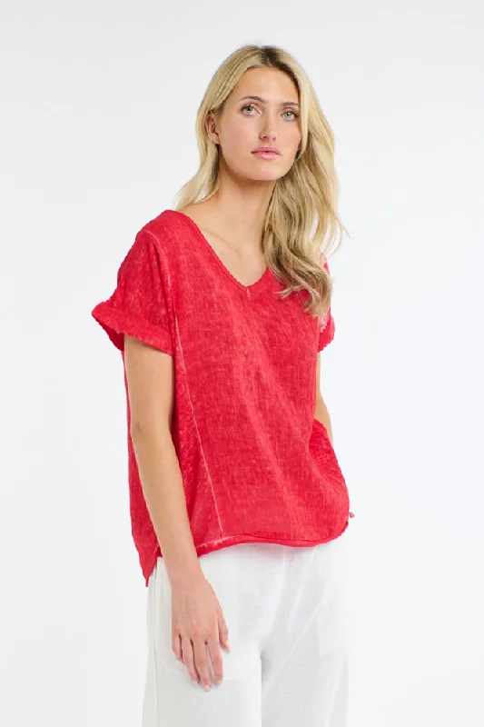 Calypso V-Neck Short Sleeve Red Linen Top By Love From Italy