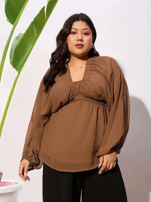 Women Brown V-Neck Peplum Top