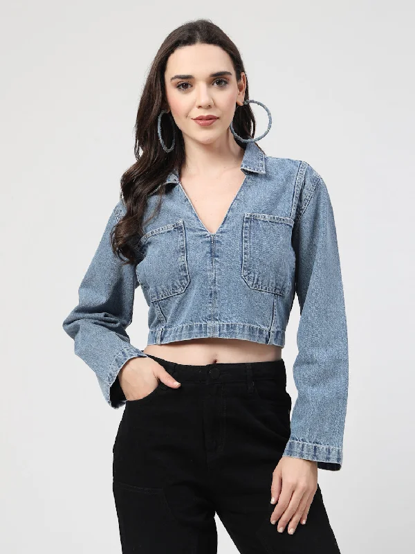 High Street V-Neck Crop Denim Jacket with Long Sleeves