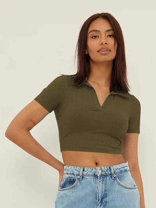 Aahwan Green Cotton Blend V-Neck Top-182-Olive-M