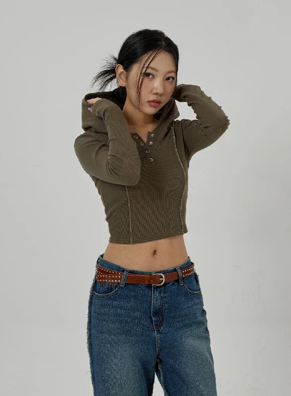 Button V-Neck Hoodie Cropped Top CD20