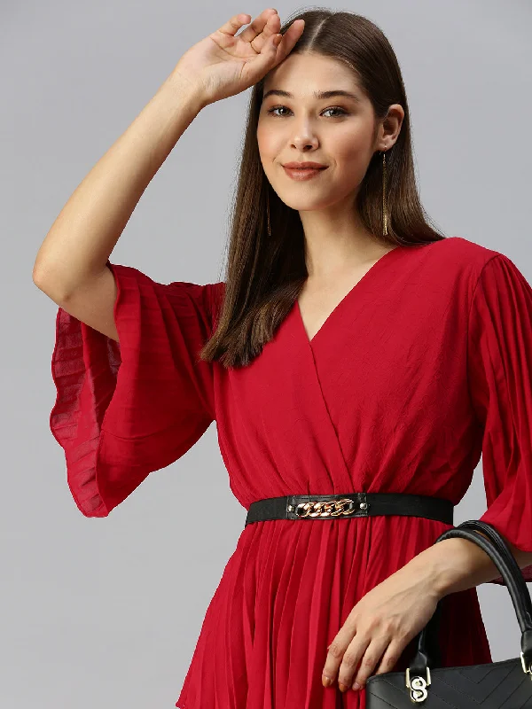 Women V-Neck Solid Red Peplum Top-KG-2752-Red