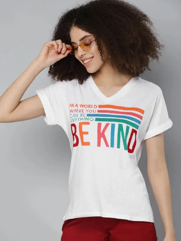 White BE KIND Print V-Neck T-Shirt