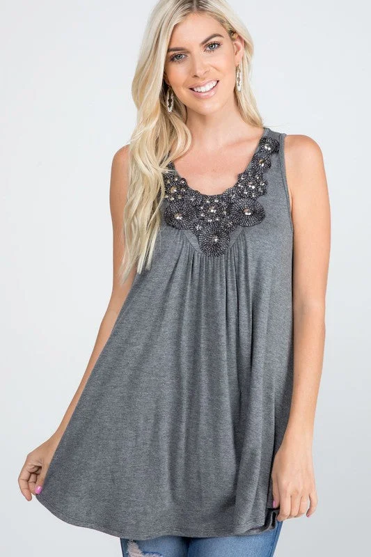 The Cicely - Women's Beaded Tank Top in Heather Gray