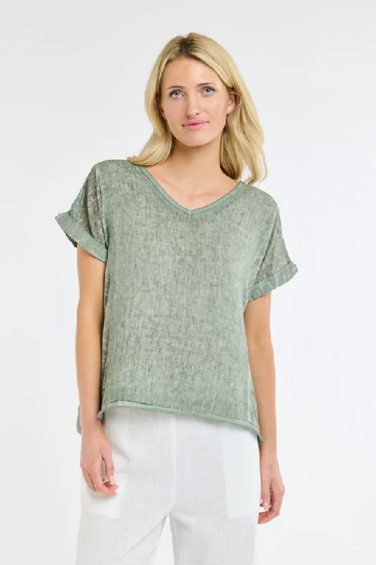 Calypso V-Neck Short Sleeve Sage Linen Top by Love From Italy