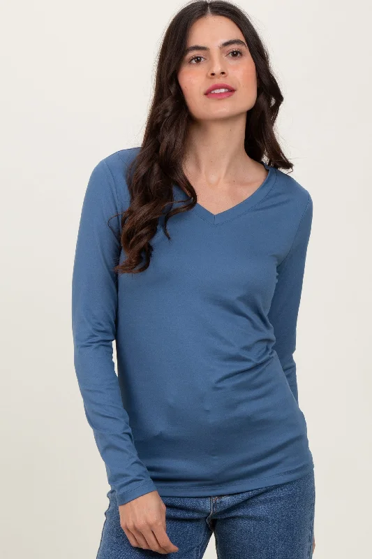 Blue Brushed Knit V-Neck Long Sleeve Top