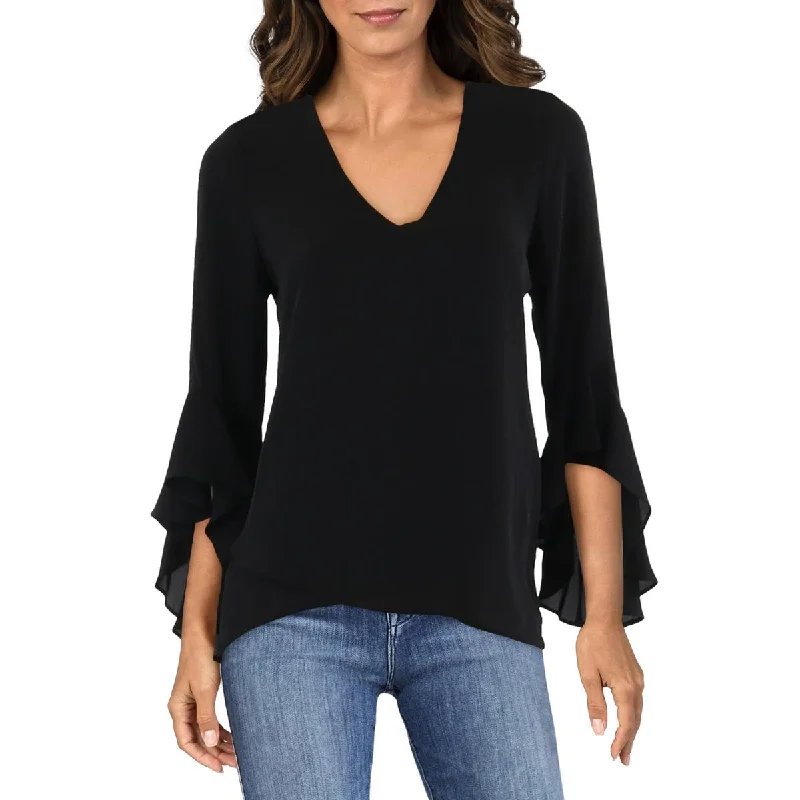 Womens Ruffled Sleeve V-Neck Blouse