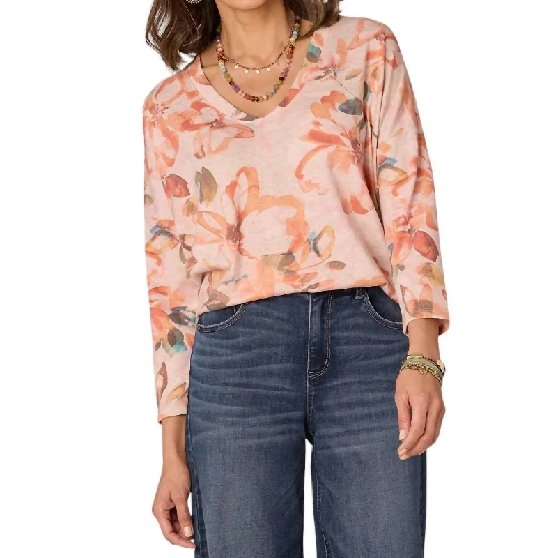 Three Quarter Sleeve Rounded V-Neck Floral Printed Knit Top In Honey Guava Multi