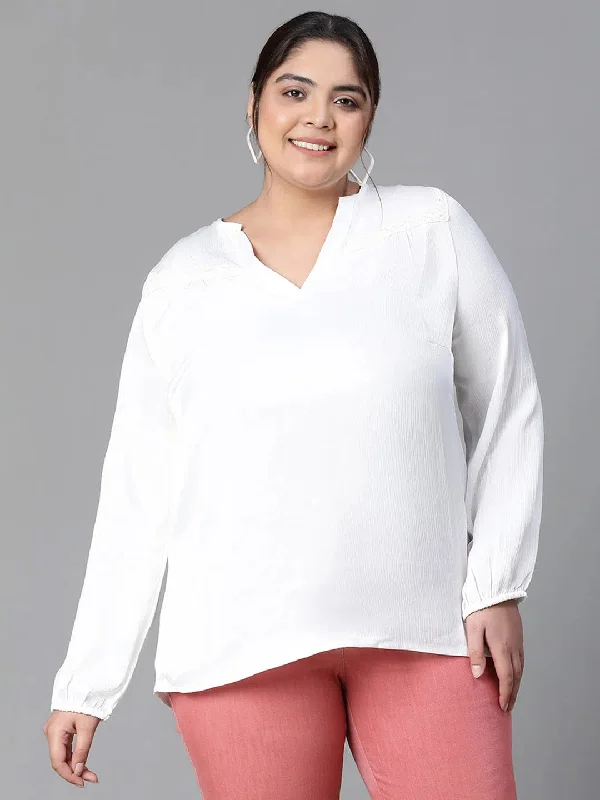 Women Plus Size  Soild White Long Sleeve V-Neck Top-W23135PBL004