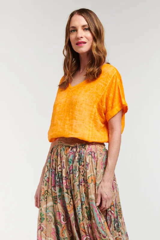 Calypso V-Neck Short Sleeve Fluro Orange Linen Top by Love From Italy