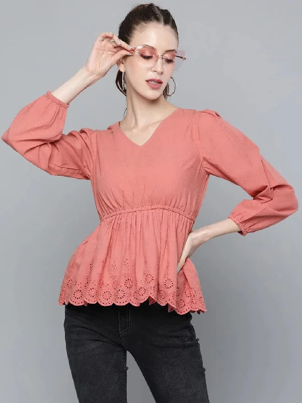 Baked Pink Schiffli V-Neck Peplum Top