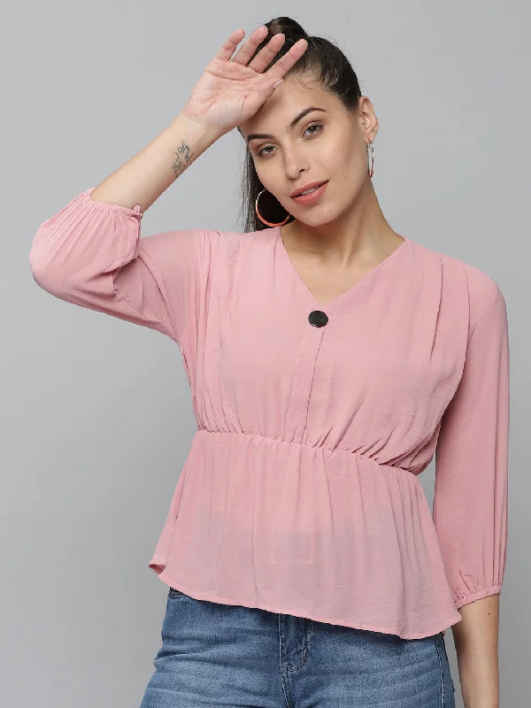 Women V-Neck Solid Pink Peplum Top-SP-878-Pink