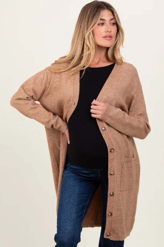 Camel Button Down V-Neck Long Maternity Cardigan