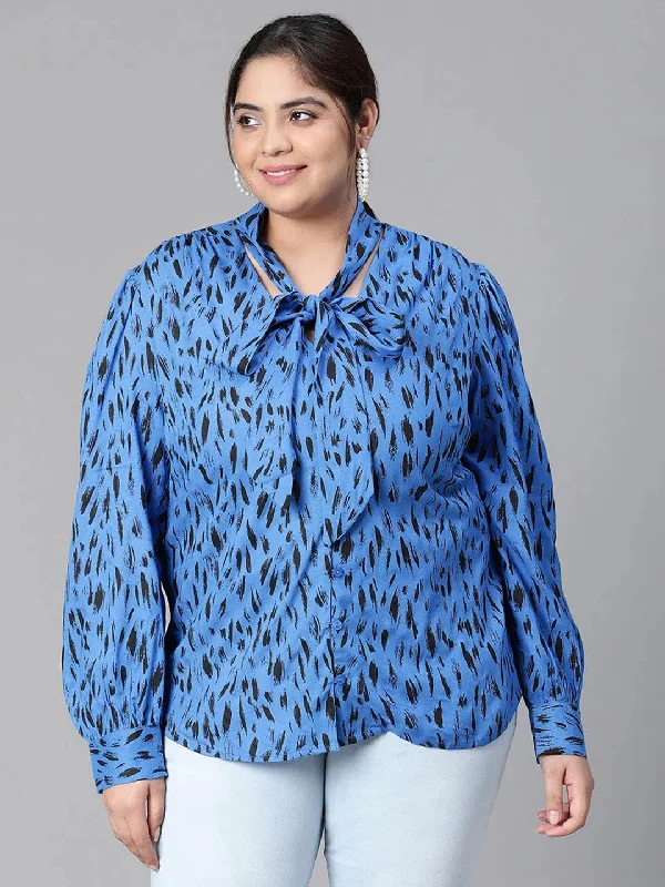 Women Plus Size Blue Animal Print V-Neck With Tie-Knot Long Sleeve Top-W23136PBL005