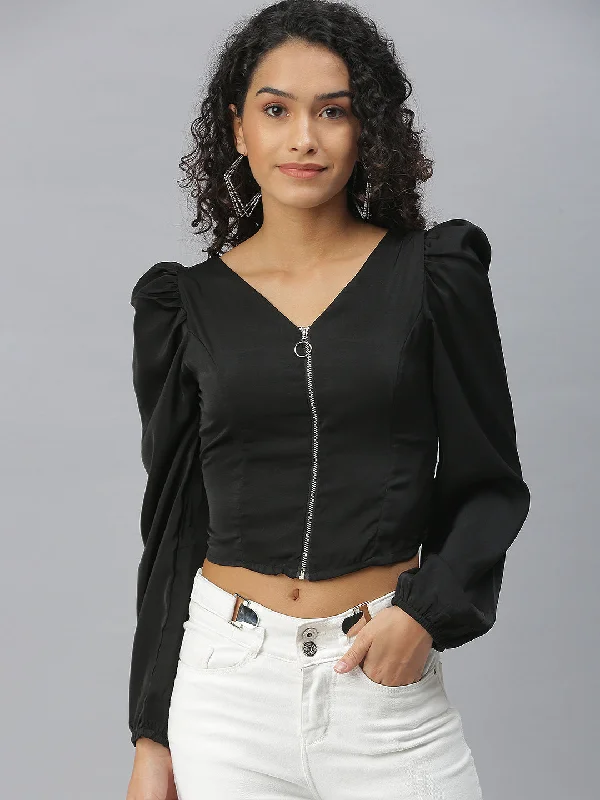 Women V-Neck Solid Black Fitted Top-KG-5529-Black