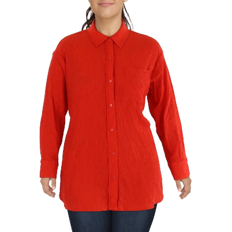 Nina Parker Womens Plus Collar Long Sleeve Button-Down Top