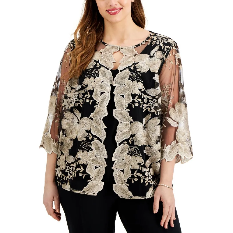 Alex Evenings Womens Plus Metallic Embroidered Blouse