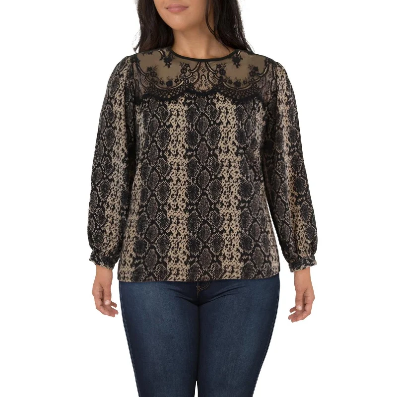 Vince Camuto Womens Plus Lace Yoke Snake Print Blouse