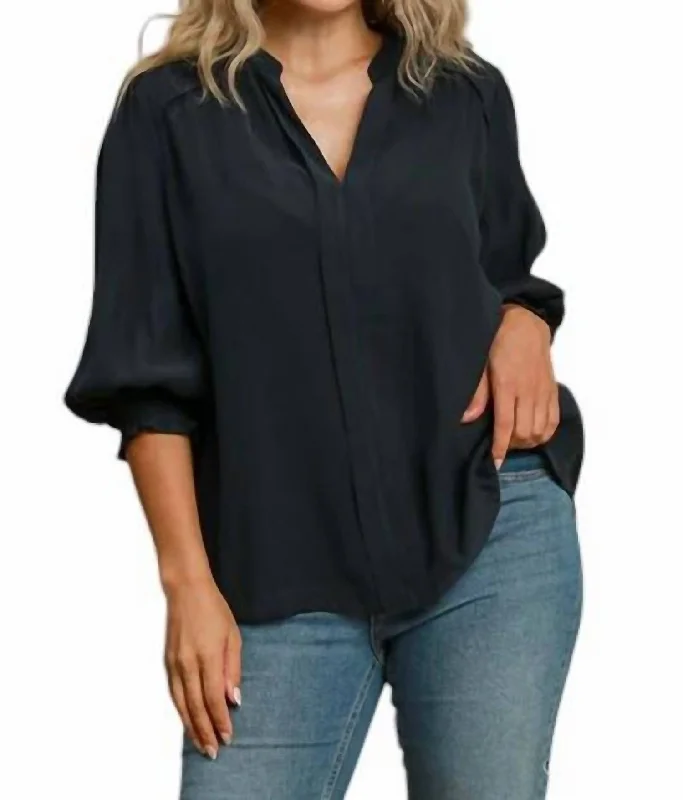 Split Neck Top - Plus In Charcoal