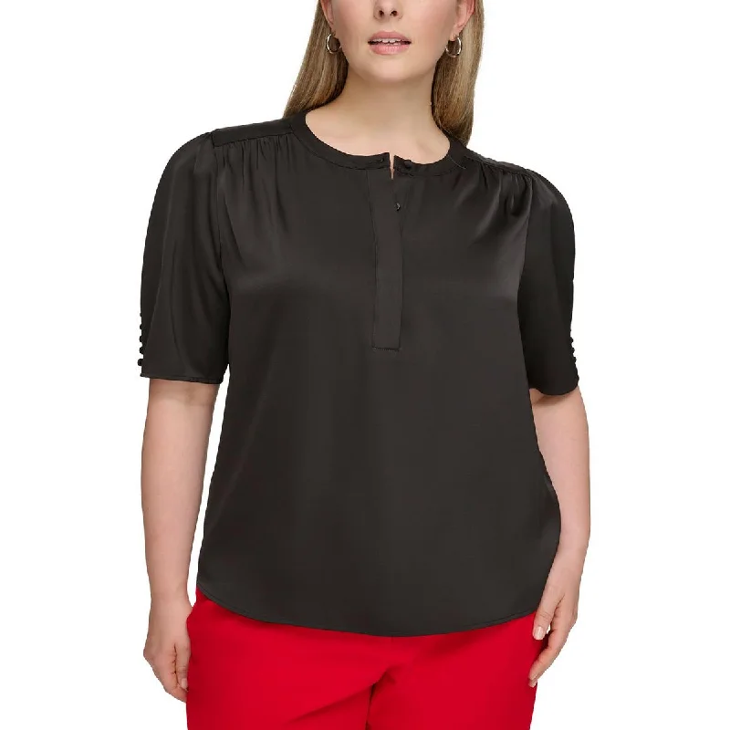 Plus Womens Button Up Short Sleeves Blouse