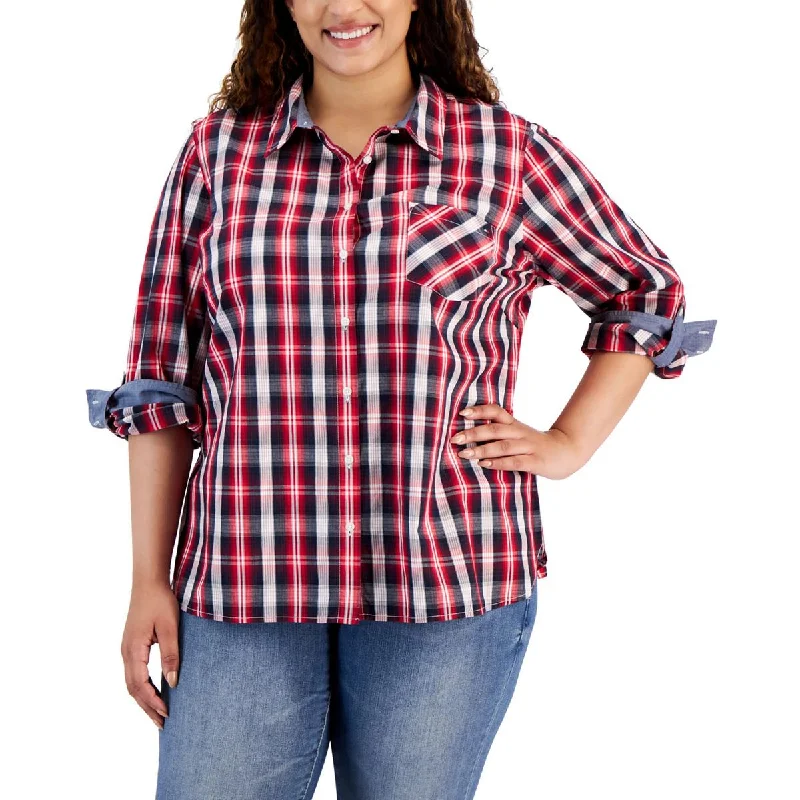 Plus Womens Collared Plaid Button-Down Top