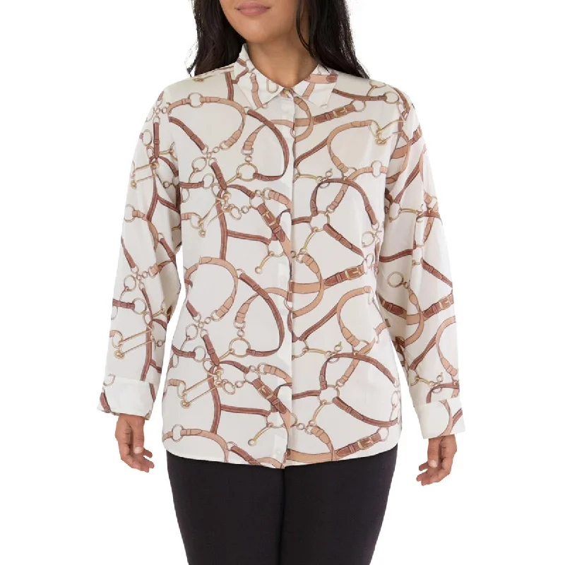 Lauren Ralph Lauren Womens Plus Printed Collared Button-Down Top