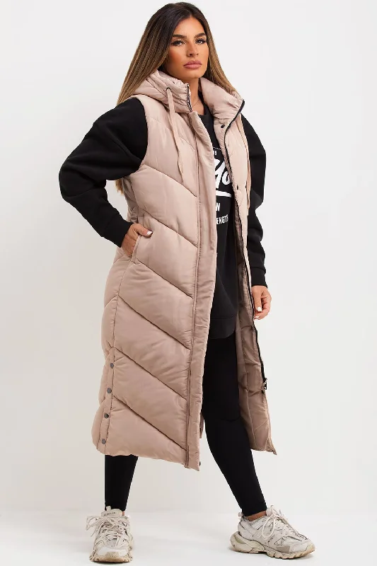 Beige Long Gilet With Chevron Padded Style