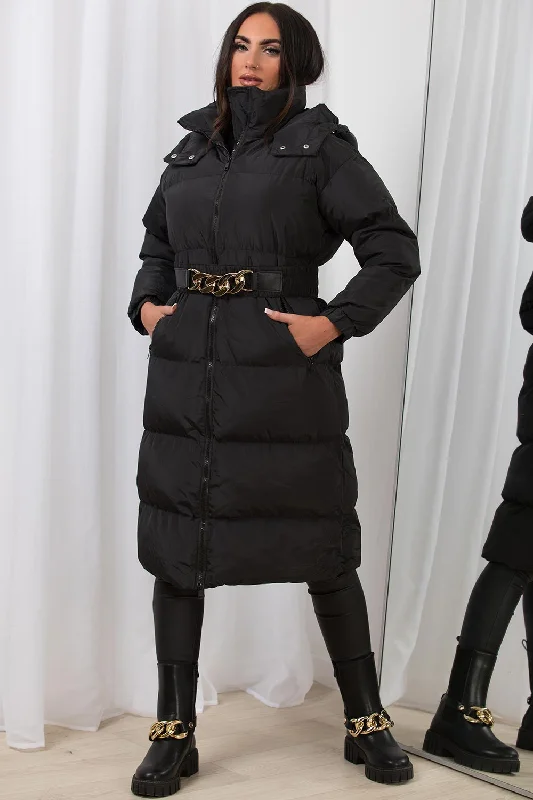 Black Long Puffer Padded Coat With Gold Chain Belt