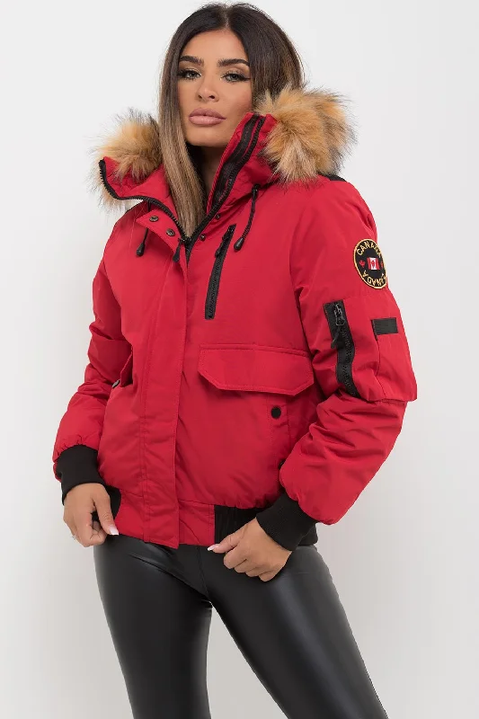 Canada Bomber Jacket With Fur Hood Red