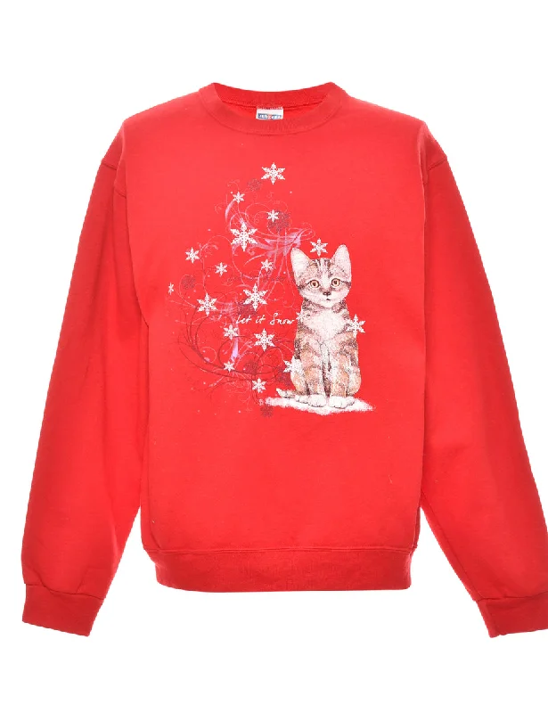 Cat Design Red Christmas Sweatshirt - M