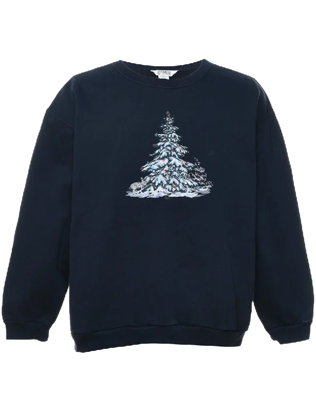 Christmas Tree Design Navy Sweatshirt - L