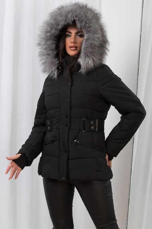 Faux Fur Hood Puffer Jacket With Buckle Belt Black