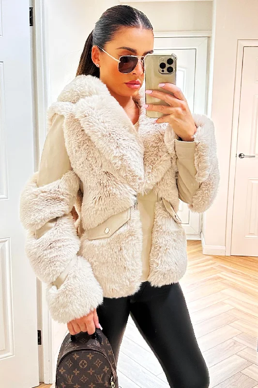 Faux Fur Lined Faux Leather Aviator Jacket Beige