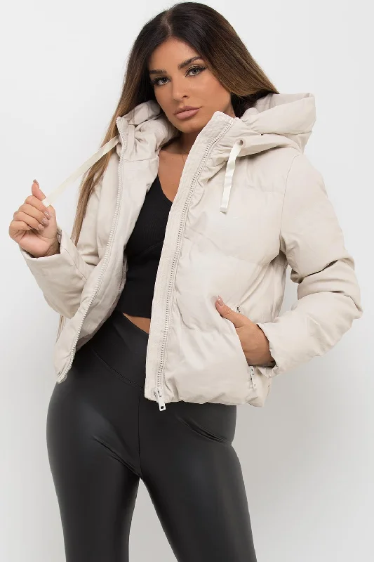 Faux Leather Puffer Jacket With Hood Beige