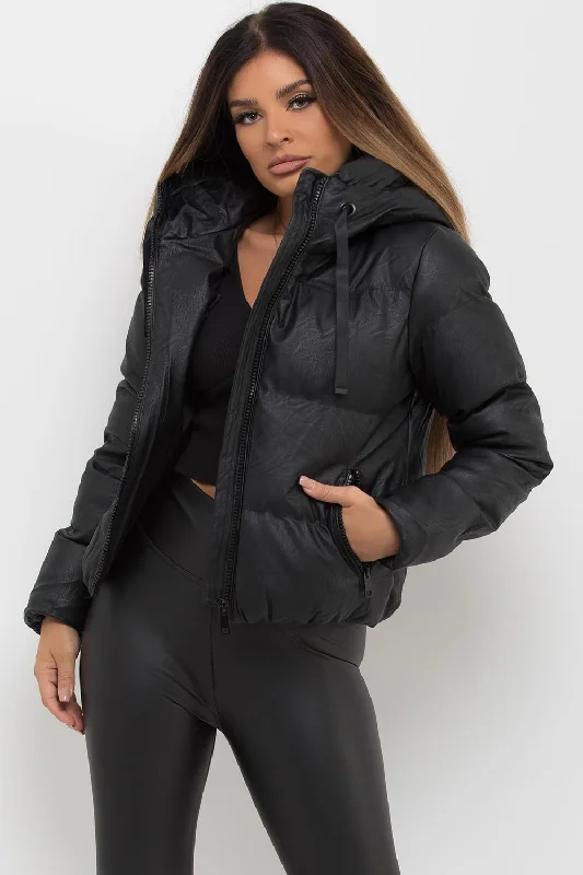 Faux Leather Puffer Jacket With Hood Black