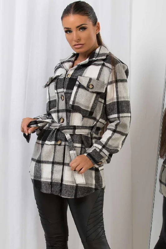 Grey Check Shacket With Belt Brushed