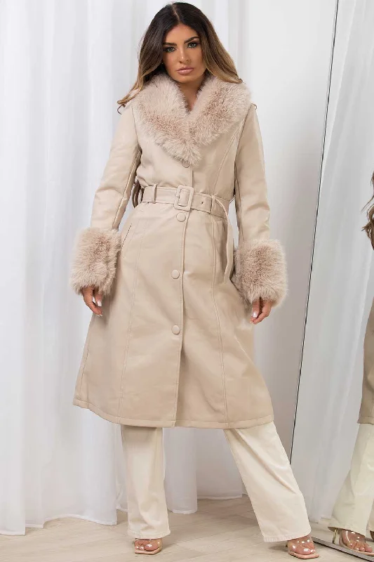 Long Faux Fur Faux Leather Jacket With Belt Beige