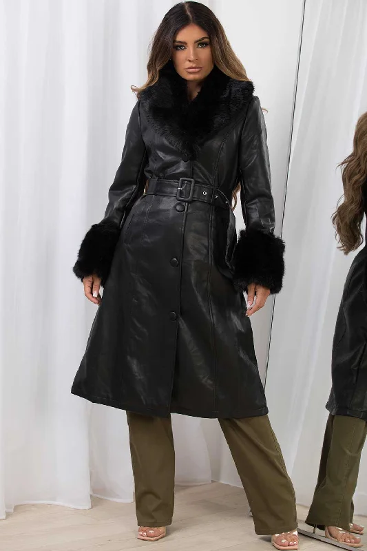 Long Faux Fur Faux Leather Jacket With Belt Black